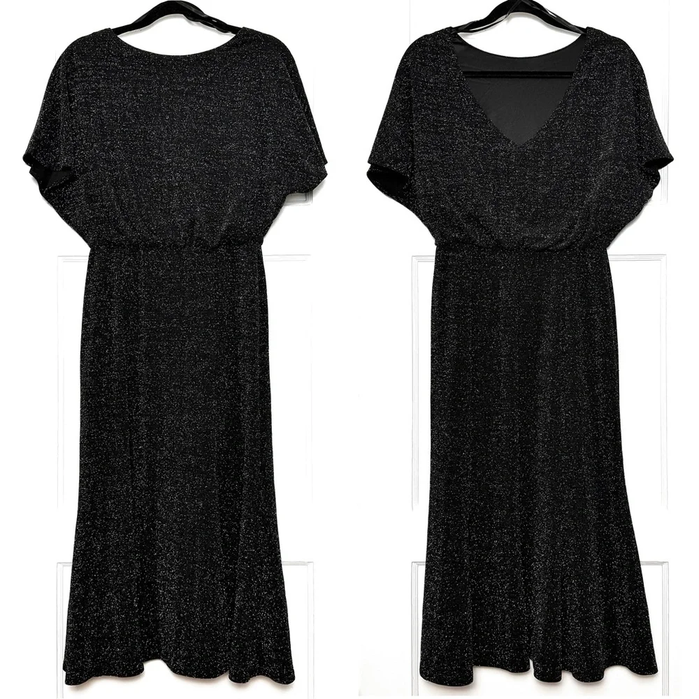 DONNA MORGAN‎ Metallic Sparkle Knit Short Sleeve V-Back Side Slit Midi Dress 8